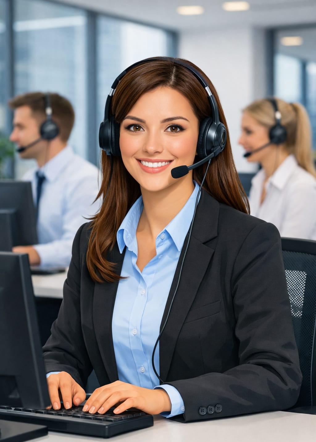 Travel agency representative assisting travelers